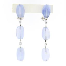 Antonini 18K White Gold Chalcedony Bead Round Diamond Long Drop Dangle Earrings