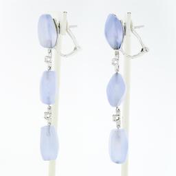 Antonini 18K White Gold Chalcedony Bead Round Diamond Long Drop Dangle Earrings