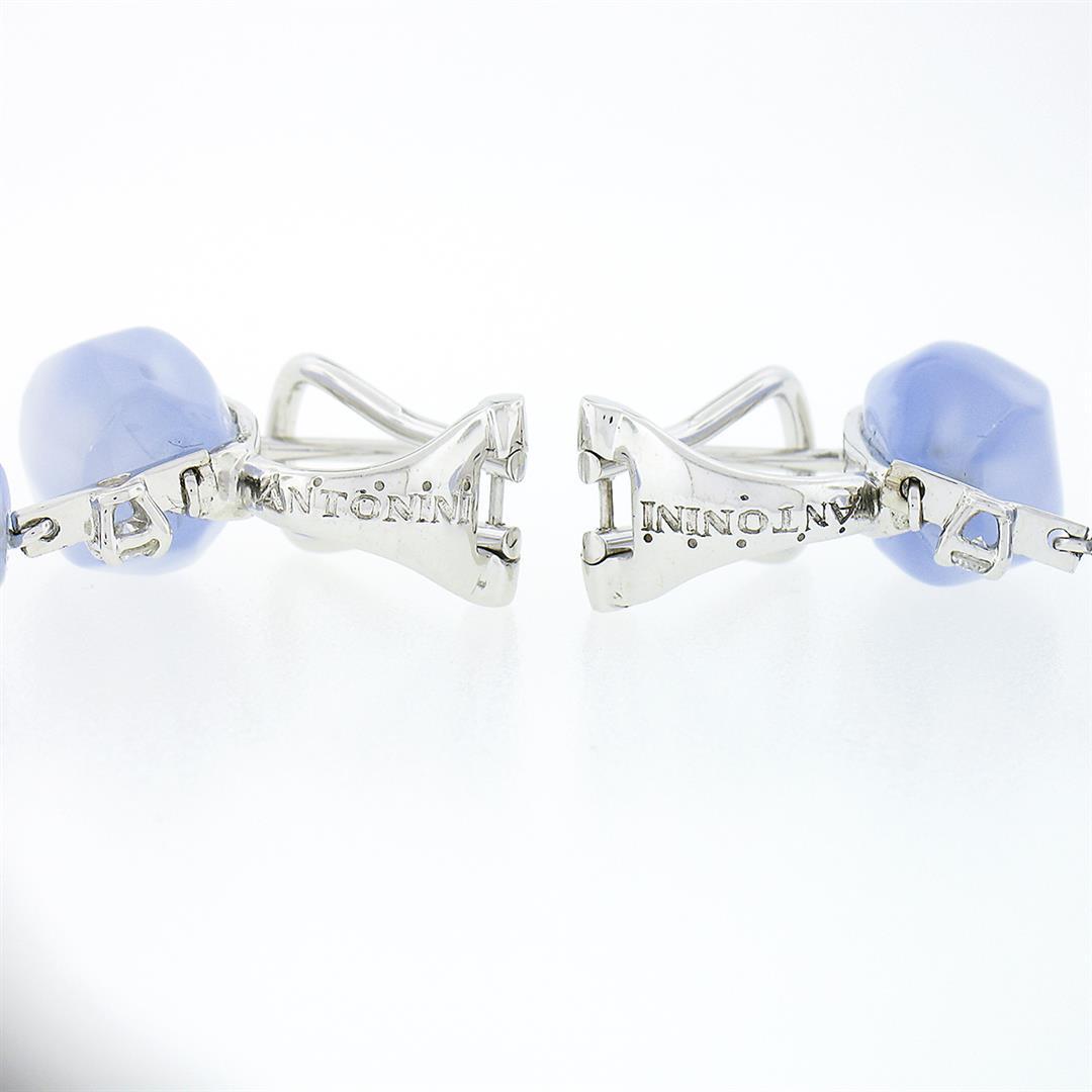 Antonini 18K White Gold Chalcedony Bead Round Diamond Long Drop Dangle Earrings