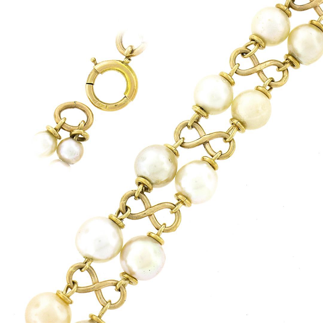 Vintage 14K Gold 6.75" Dual Row Graduating Pearl Figure 8 Infinity Link Bracelet