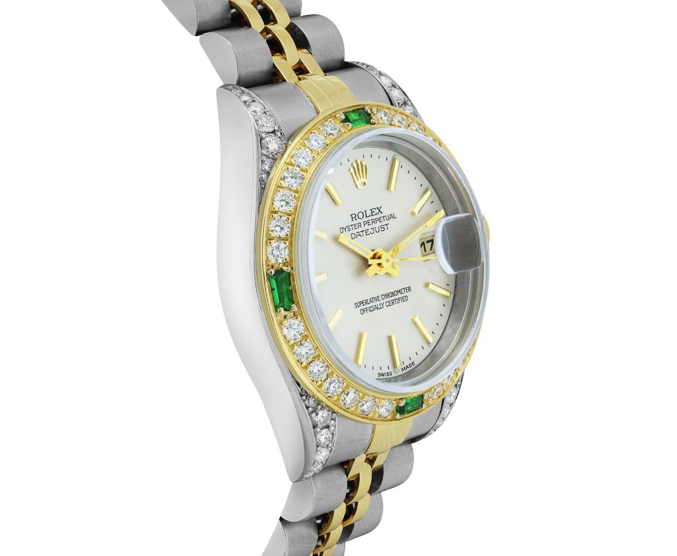 Rolex Ladies 18K Two Tone Gold And Steel Silver Index Diamond Lugs And Emerald D