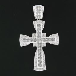 LARGE Men's 14k White Gold 10.75 ctw Princess Round Diamond Cross Heavy Pendant