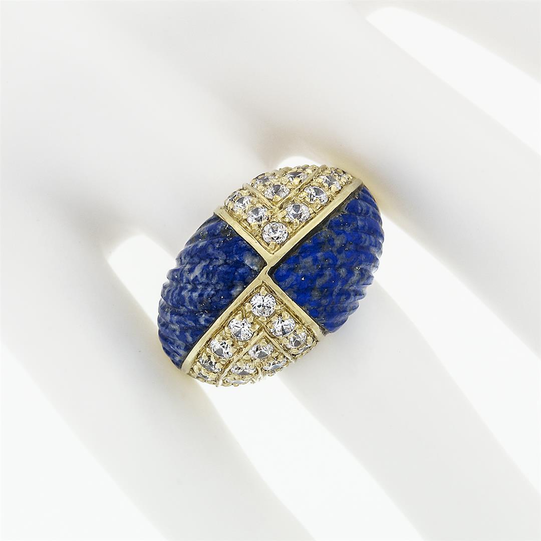 Vintage 18k Gold 1.92 ctw Carved Lapis & Round Diamond 4 Section Dome Bombe Ring