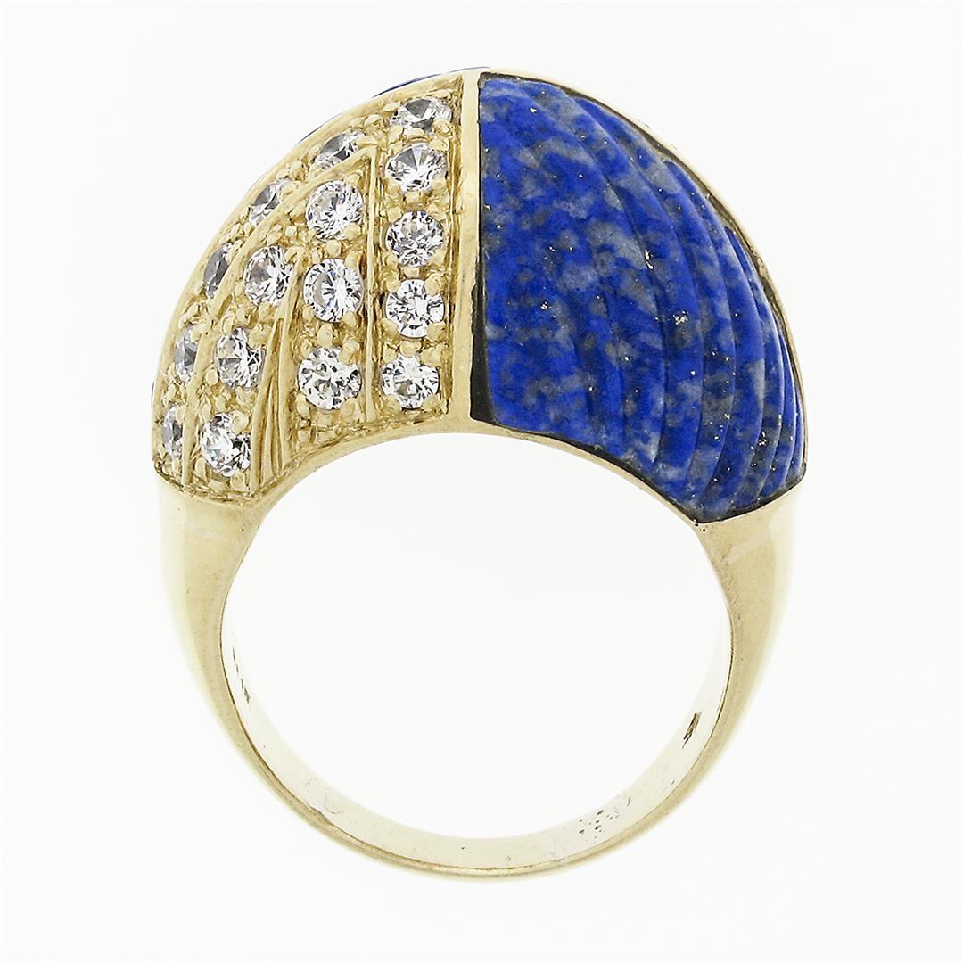 Vintage 18k Gold 1.92 ctw Carved Lapis & Round Diamond 4 Section Dome Bombe Ring