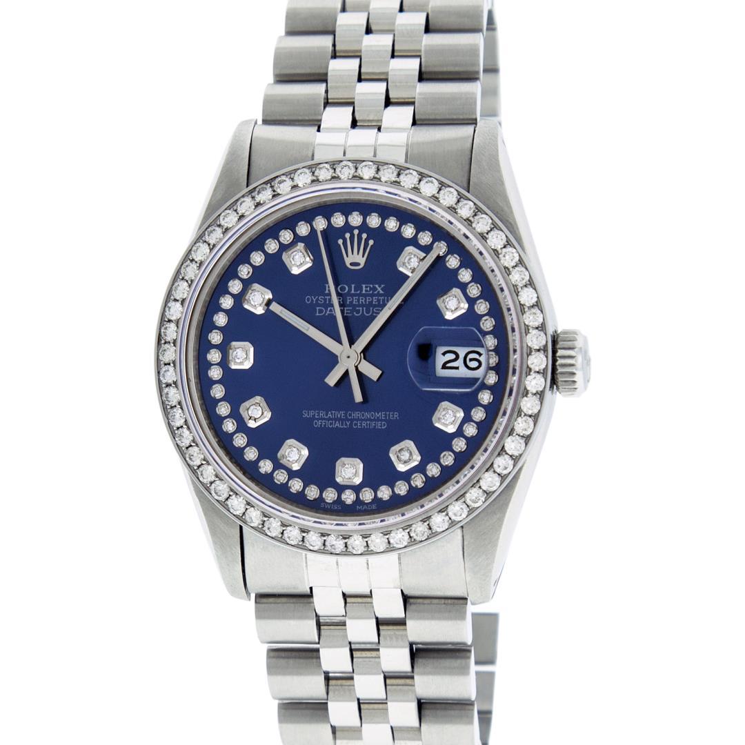 Rolex Mens Stainless Steel Blue Diamond 36MM Datejust Wristwatch