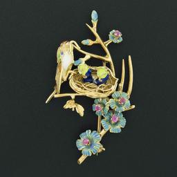 Vintage 18k Gold Ruby Enamel Flower Mother Bird Feeding Babies on Branch Brooch