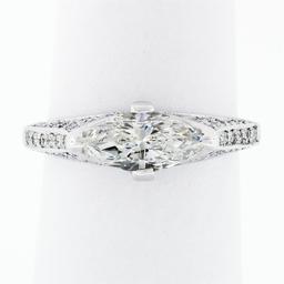 NEW Unique 18k White Gold 1.5 ctw GIA Marquise Cut Solitaire & Round Diamond Rin