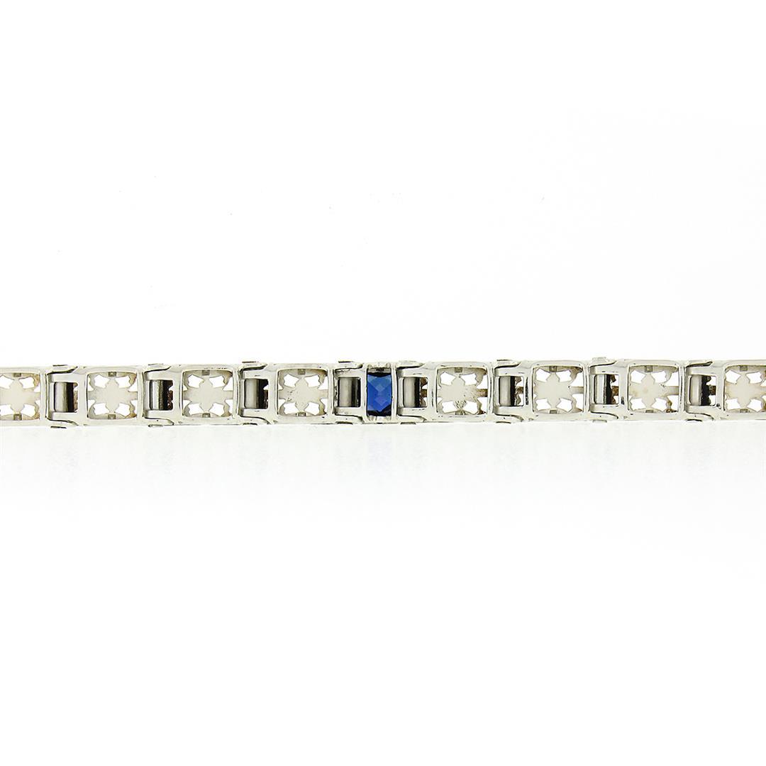 Antique Art Deco 14k White Gold Bezel Set Sapphire Etched Line Filigree Bracelet