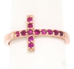 NEW Solid 14k Rose Gold 0.25 ctw Round Cut Blood Red Ruby Curved Cross Band Ring