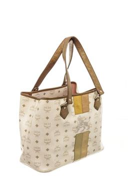 MCM White Leather Lion Visetos Shopper Bag