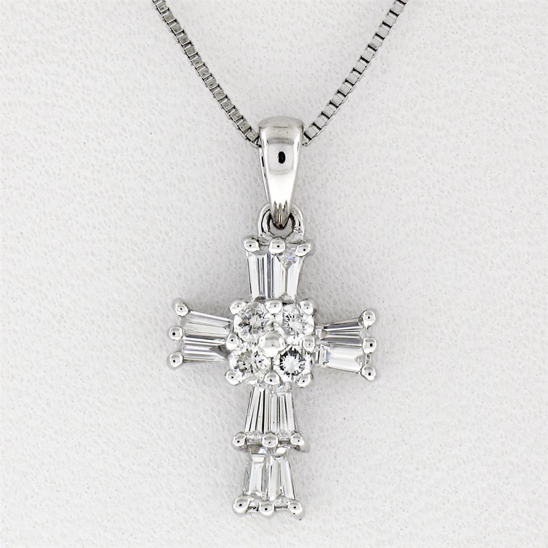 Petite 18K White Gold .37 ctw Round & Baguette Cut Diamond Cross Pendant w/ Chai