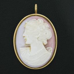 Antique 18K Yellow Gold Carved Oval Angel Skin Coral Cameo Brooch Pin Pendant