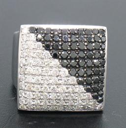 Large 18k White Gold 3.60 ctw Black & White Diamond Square Cushion Ladies Ring