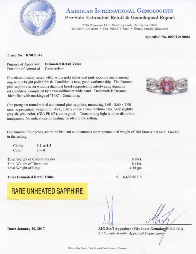 0.70 ctw UNHEATED Pink Sapphire and 0.44 ctw Diamond 14K White Gold Ring