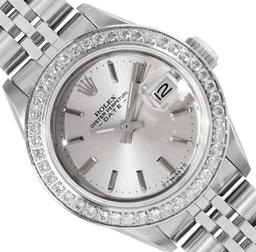 Rolex Ladies Stainless Steel Silver Index 18K White Gold Pave Bezel Date Watch