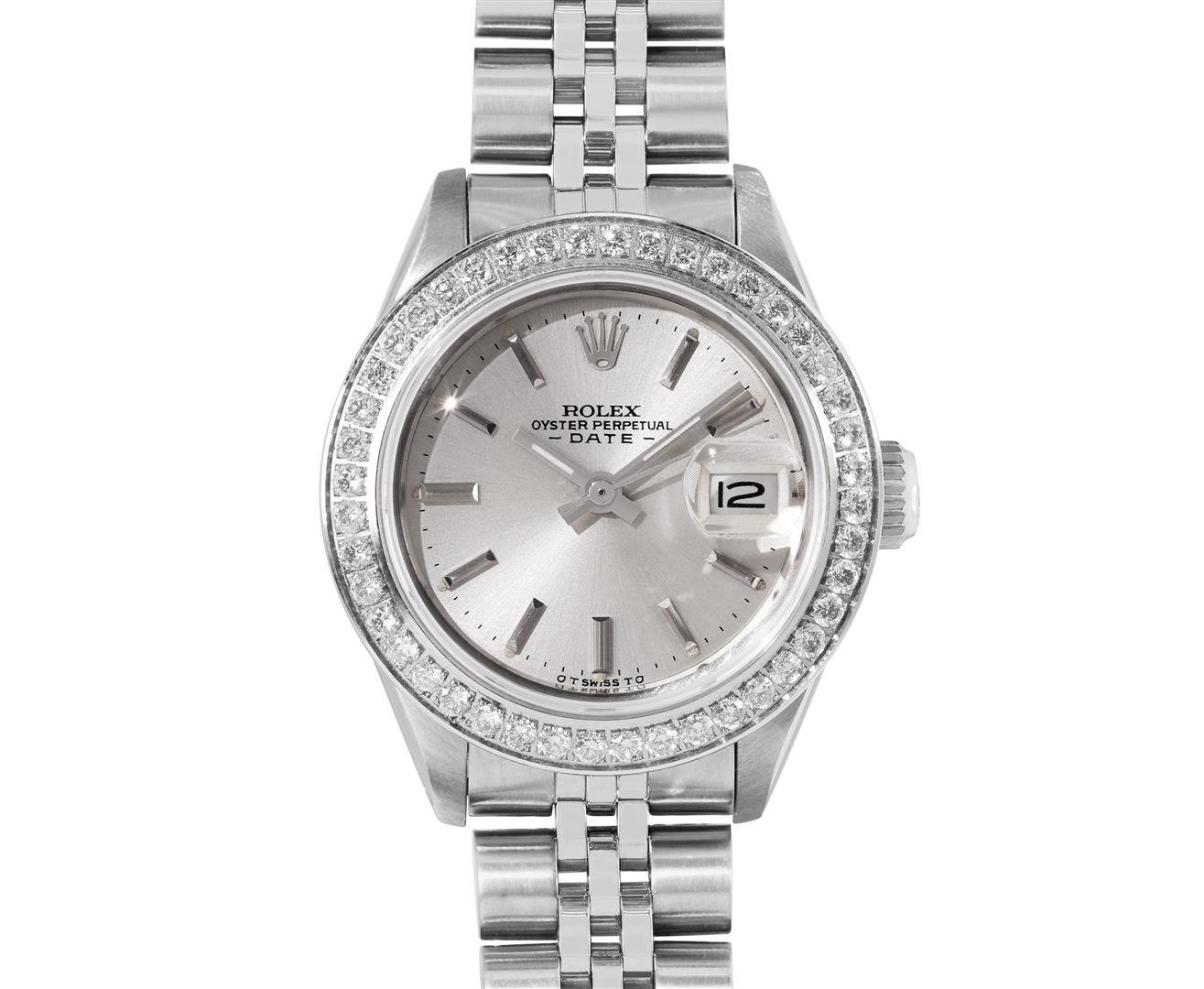 Rolex Ladies Stainless Steel Silver Index 18K White Gold Pave Bezel Date Watch