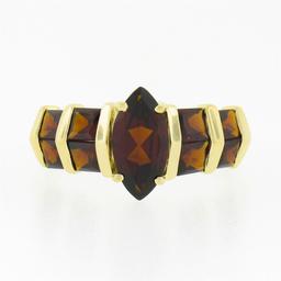 14K Yellow Gold Garnet Marquise Solitaire w/ Square Faceted Channel Band Ring