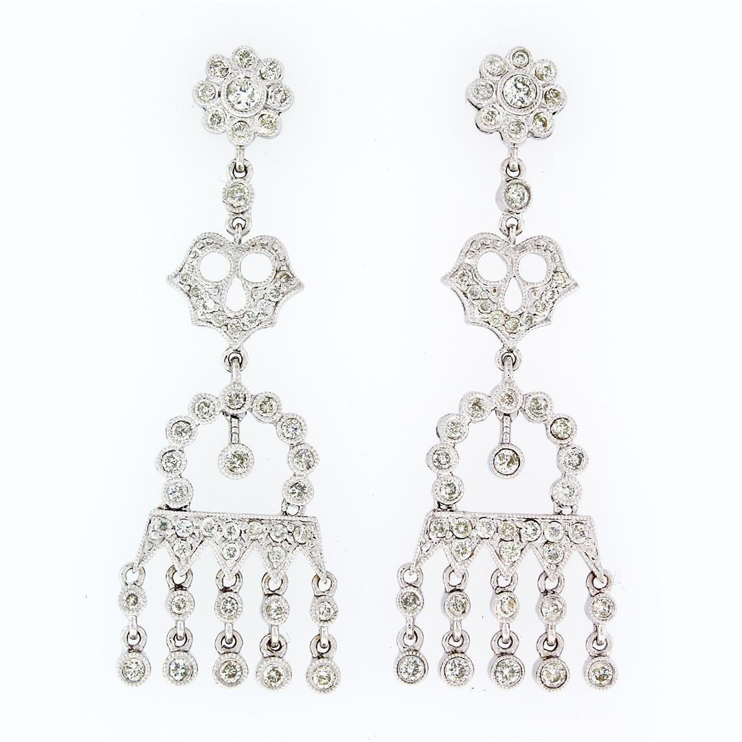 Elegant 18k White Gold 1.35 ctw Diamond Chandelier Milgrain Drop Dangle Earrings