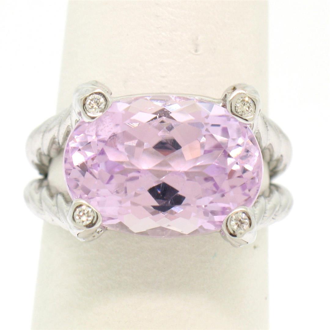 14k White Gold Twisted Cable 8.5 ctw Oval Kunzite Solitaire Ring 4 Diamond Accen