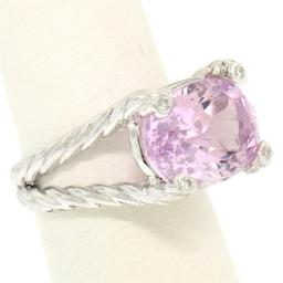 14k White Gold Twisted Cable 8.5 ctw Oval Kunzite Solitaire Ring 4 Diamond Accen