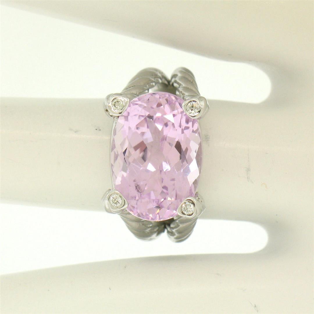 14k White Gold Twisted Cable 8.5 ctw Oval Kunzite Solitaire Ring 4 Diamond Accen