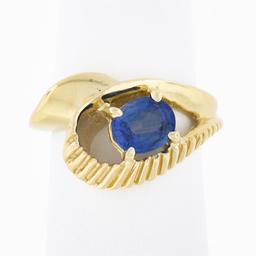 14k Gold 0.80 ctw Oval Sapphire Solitaire Polished Grooved Open Loop Bypass Ring