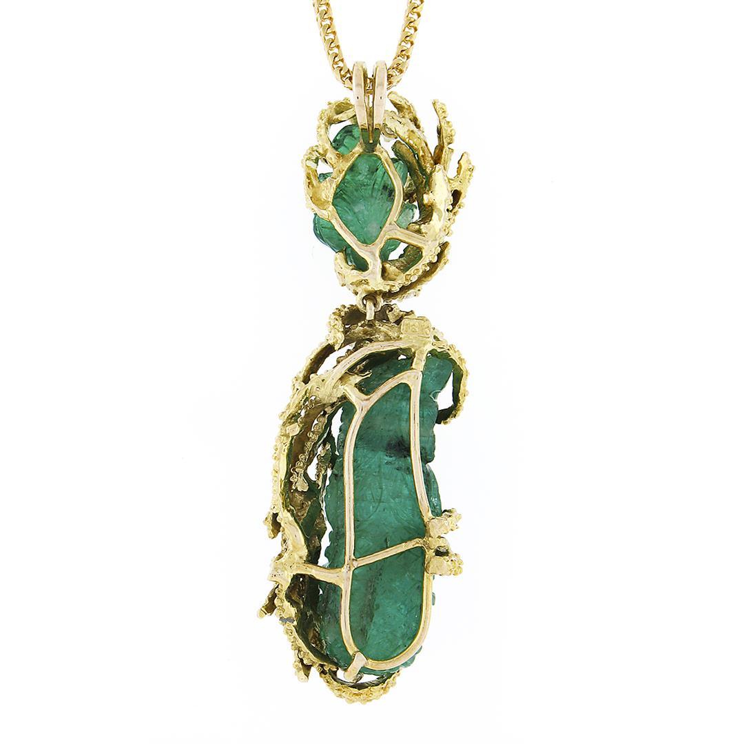 Vintage 18k Gold GIA Carved Emerald & Diamond Textured Dangle Pendant Necklace