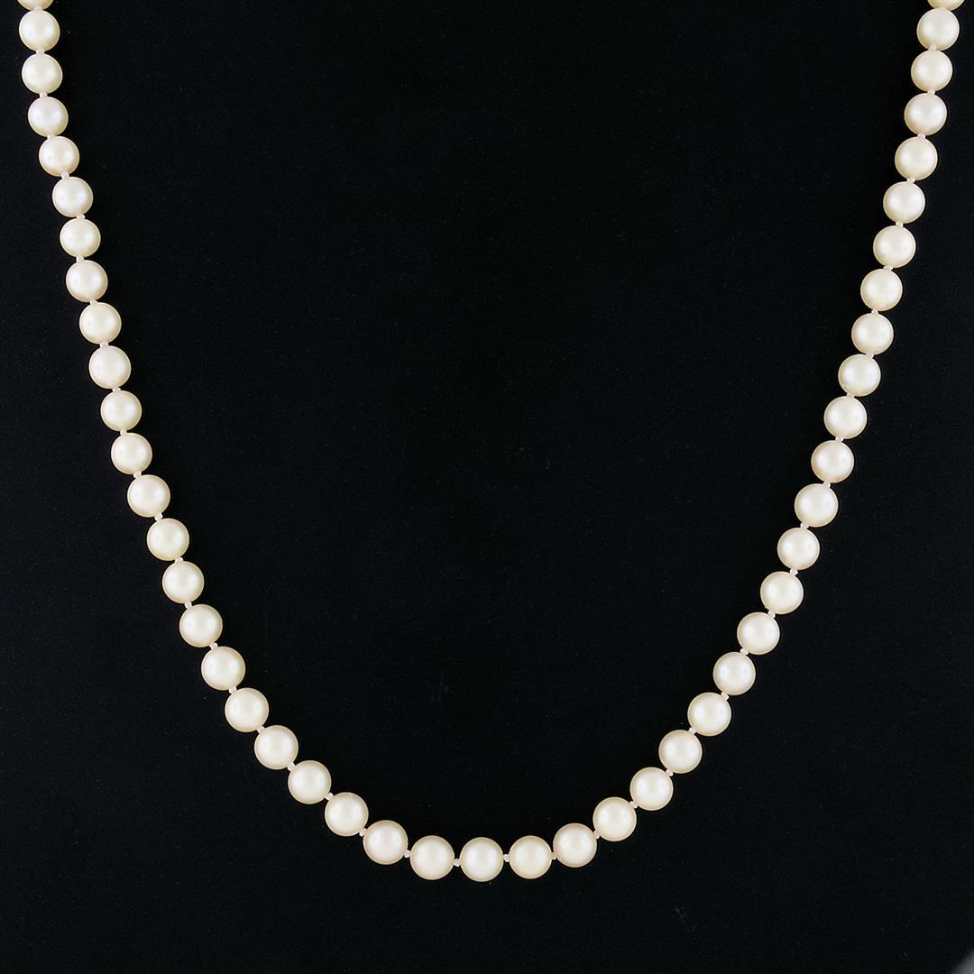 Vintage Long 31" Pearl Strand Necklace w/ 14K Gold 1.5 ctw Pave Diamond Ball Cla