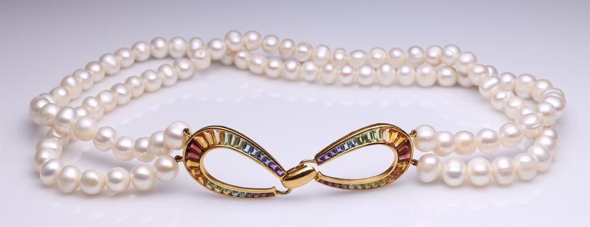 Double Strand Pearl Necklace With 14K Yellow Gold & Graduated Tourmaline Clasp