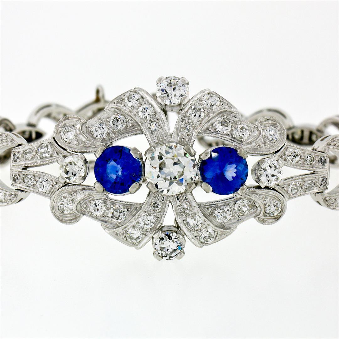 Antique Art Deco Platinum GIA Round Diamond Sapphire Infinity Leaf Link Bracelet