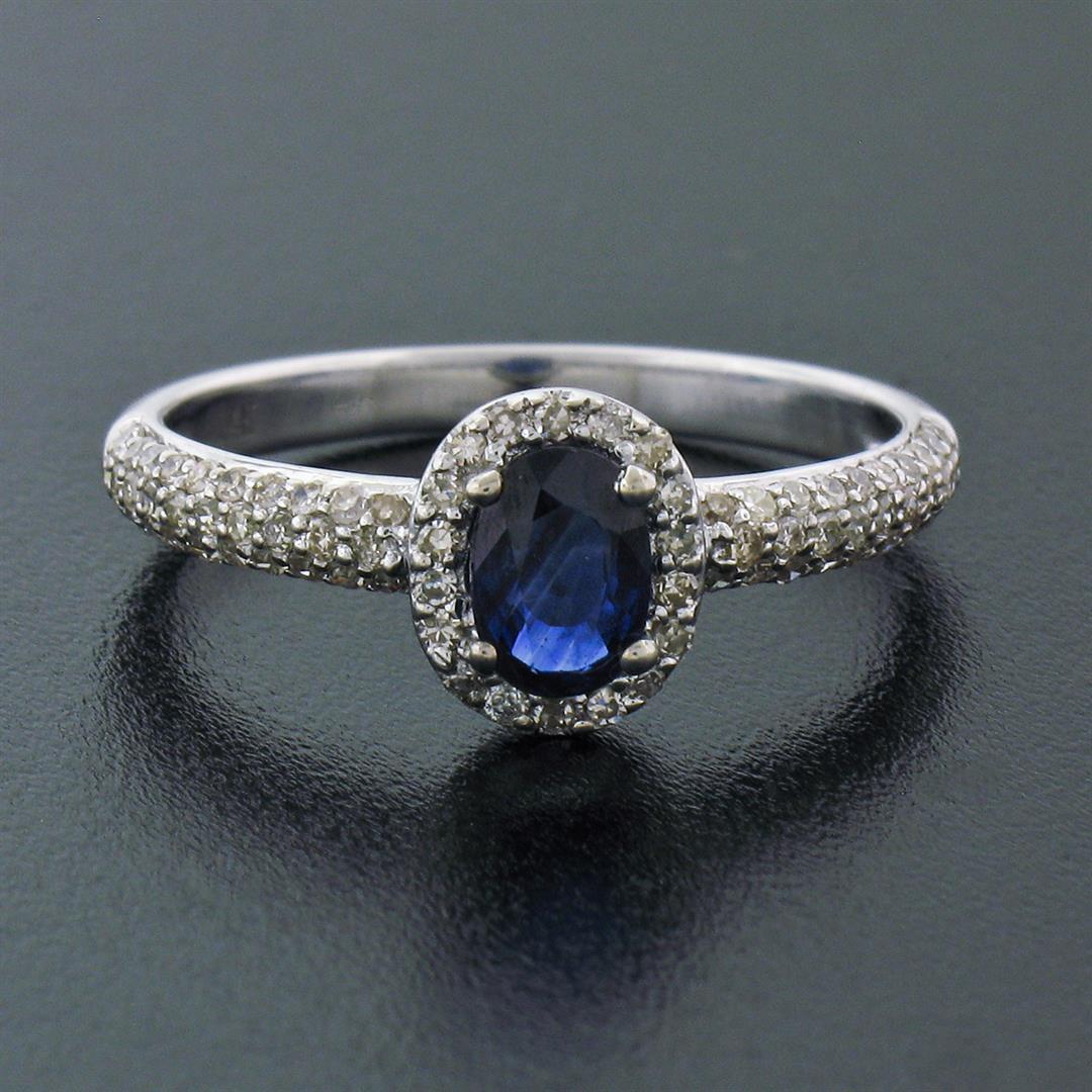 Petite 14K White Gold 1.05 ctw Oval Sapphire Solitaire & Diamond Halo Promise Ri