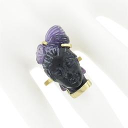 Vintage 14k Gold Carved Amethyst 3D Lady Face Head Cameo Ring Open Work Setting