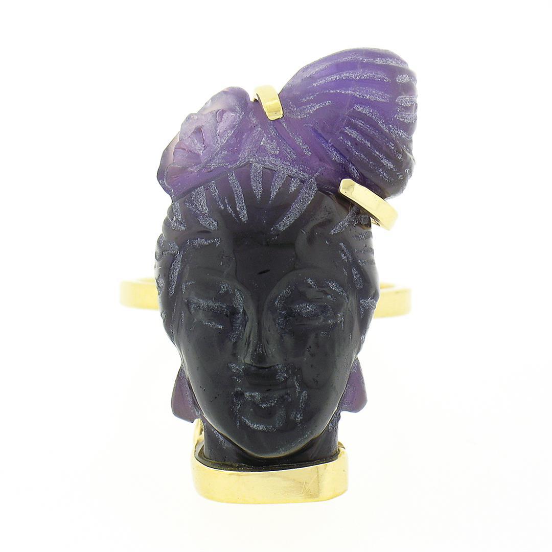 Vintage 14k Gold Carved Amethyst 3D Lady Face Head Cameo Ring Open Work Setting