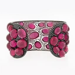 18k Gold GIA Oval Cabochon Rubellite Tourmaline Black Diamond Wide Cuff Bracelet