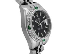 Rolex Ladies Quickset Black Index White Gold Emerald And Diamond Bezel With Hidd