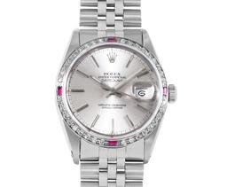 Rolex Mens Stainless Steel 36MM Silver Index Diamond And Ruby Datejust With Role