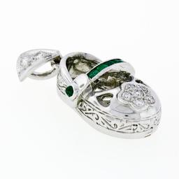 18K White Gold .36 ctw Emerald Diamond Engraved Fancy Baby Girl Shoe Charm Penda