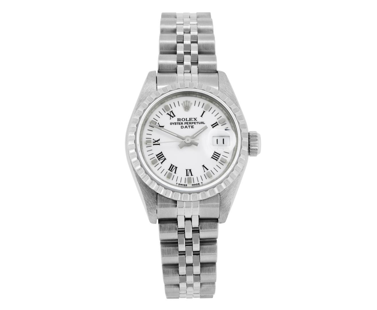 Rolex Ladies Stainless Steel Quickset White Roman Engine Turn Bezel Date Watch W