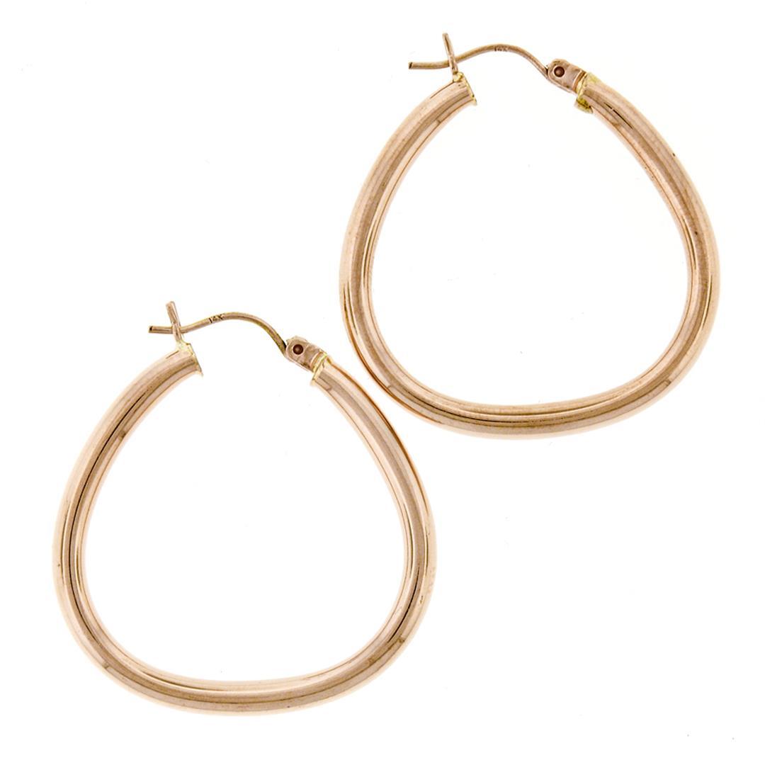 New Plain 14K Rose Gold Puffed High-Polished Rounded Triangle Hoop Snap Earrings