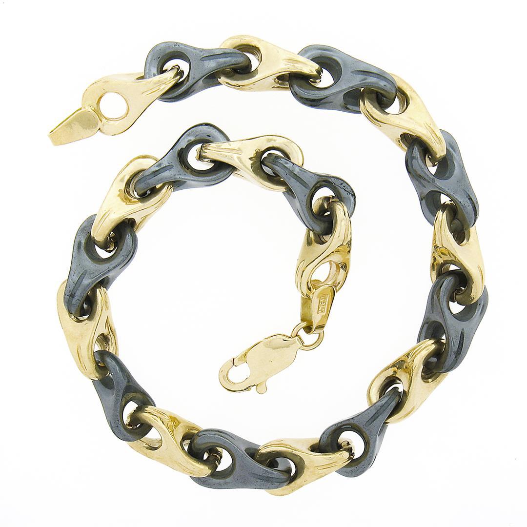 Unisex Vintage Italian 14K Yellow Gold Alternating Hematite Link Chain Bracelet