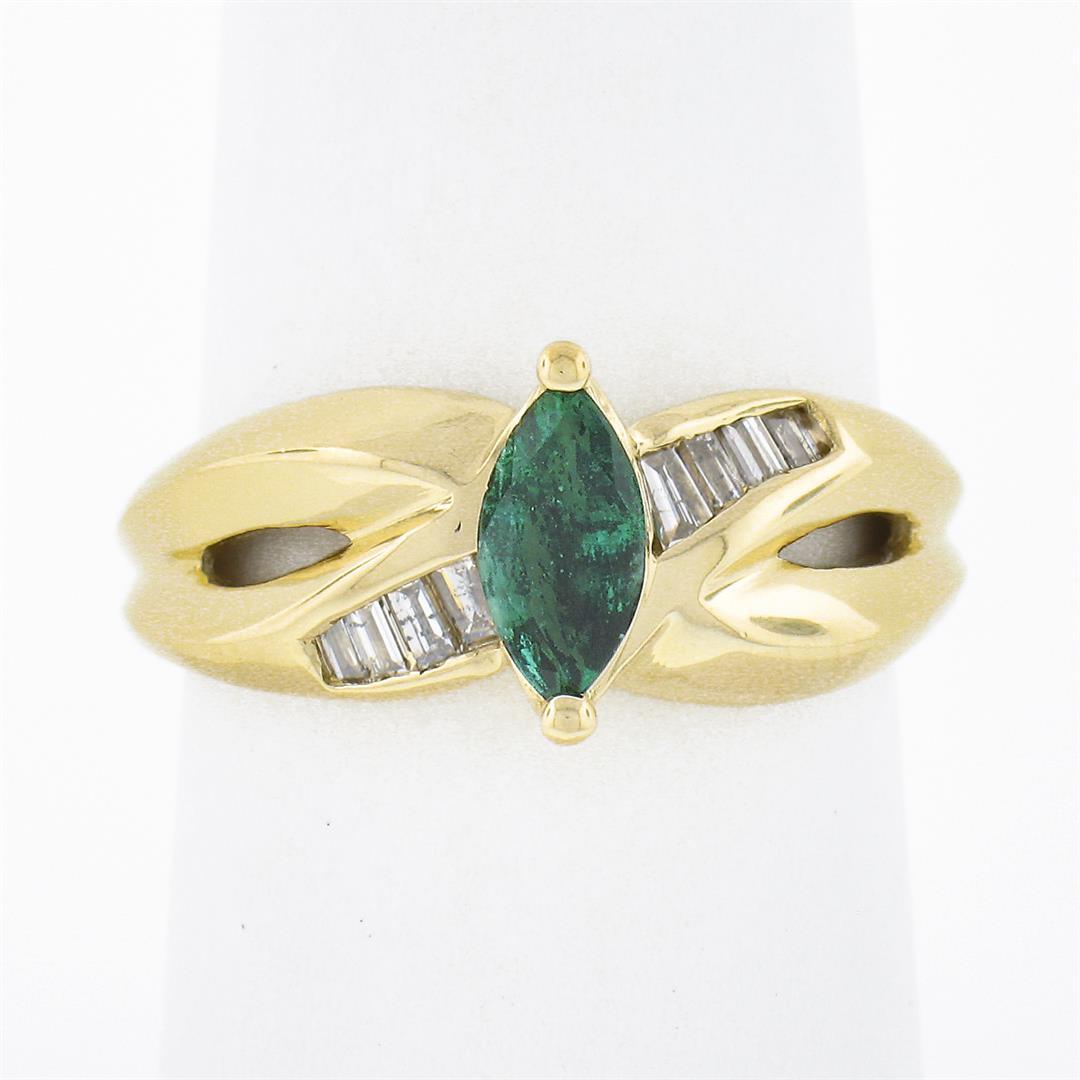 14k Gold 0.66 ctw Marquise Emerald w/ Baguette Channel Diamond Engagement Ring