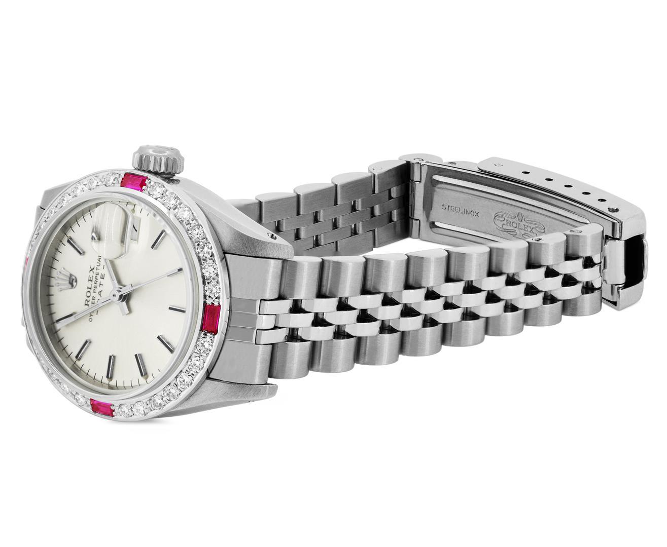 Rolex Ladies Stainless Steel Silver Index Diamond And Ruby Date Watch With Rolex