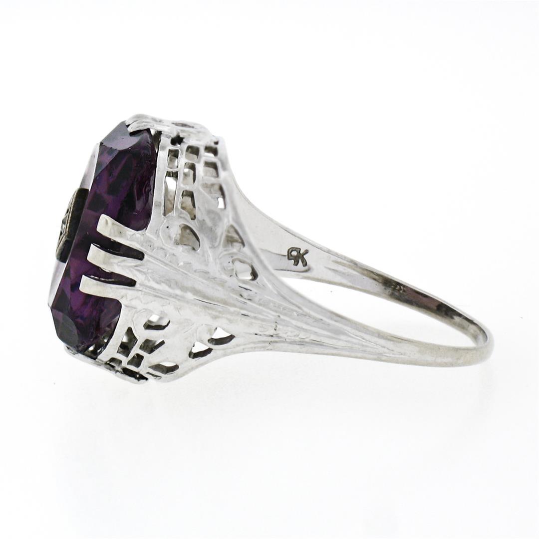 Antique Art Deco 14K White Gold Custom Cut Amethyst Diamond Etched Filigree Ring