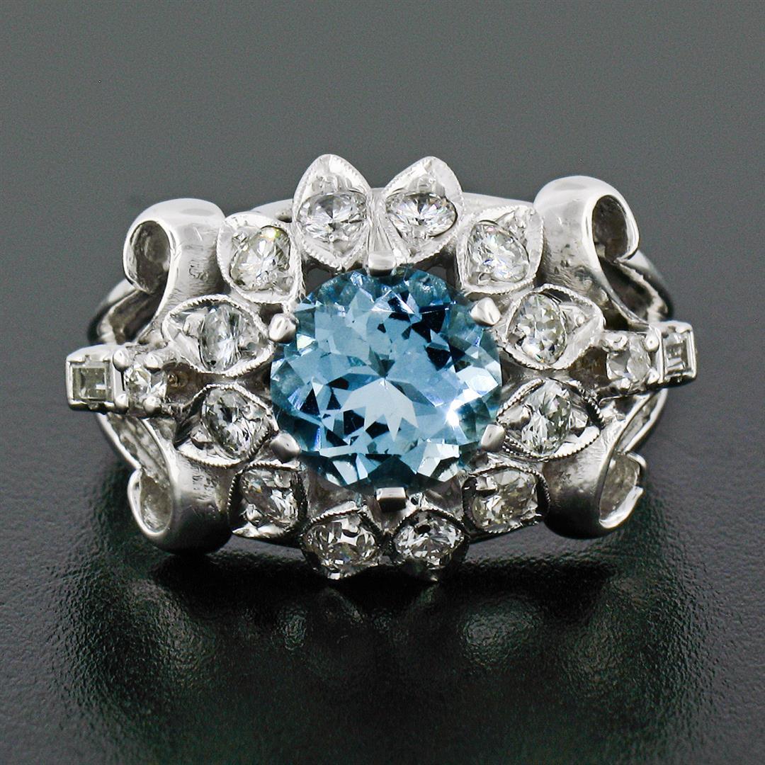 Fancy Vintage 14K White Gold 2.85 ctw Round Aquamarine Diamond Dome Cocktail Rin