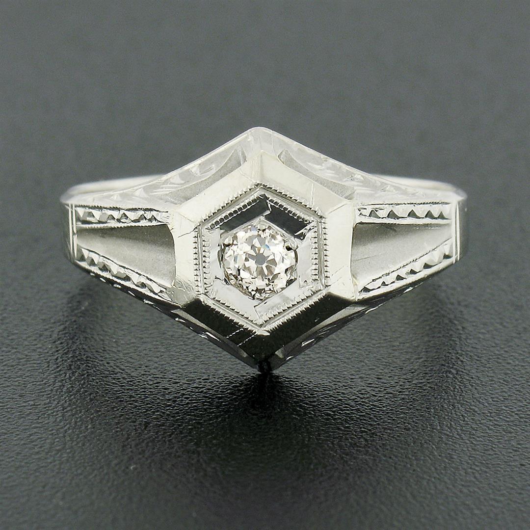 Vintage 18k Gold Diamond Solitaire Matte & Polished Hand Engraved Hexagon Ring