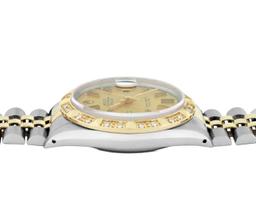 Rolex Mens 2 Tone Champagne Index Pyramid Diamond Bezel Datejust Wristwatch With