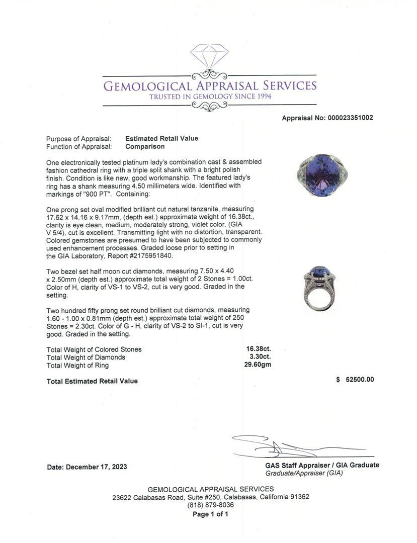 16.38 ctw Tanzanite and 3.30 ctw Diamond Ring - Platinum