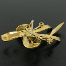 Vintage 18k Yellow Gold Multi Ribbon Sapphire and Pearl Elegant Pin Brooch