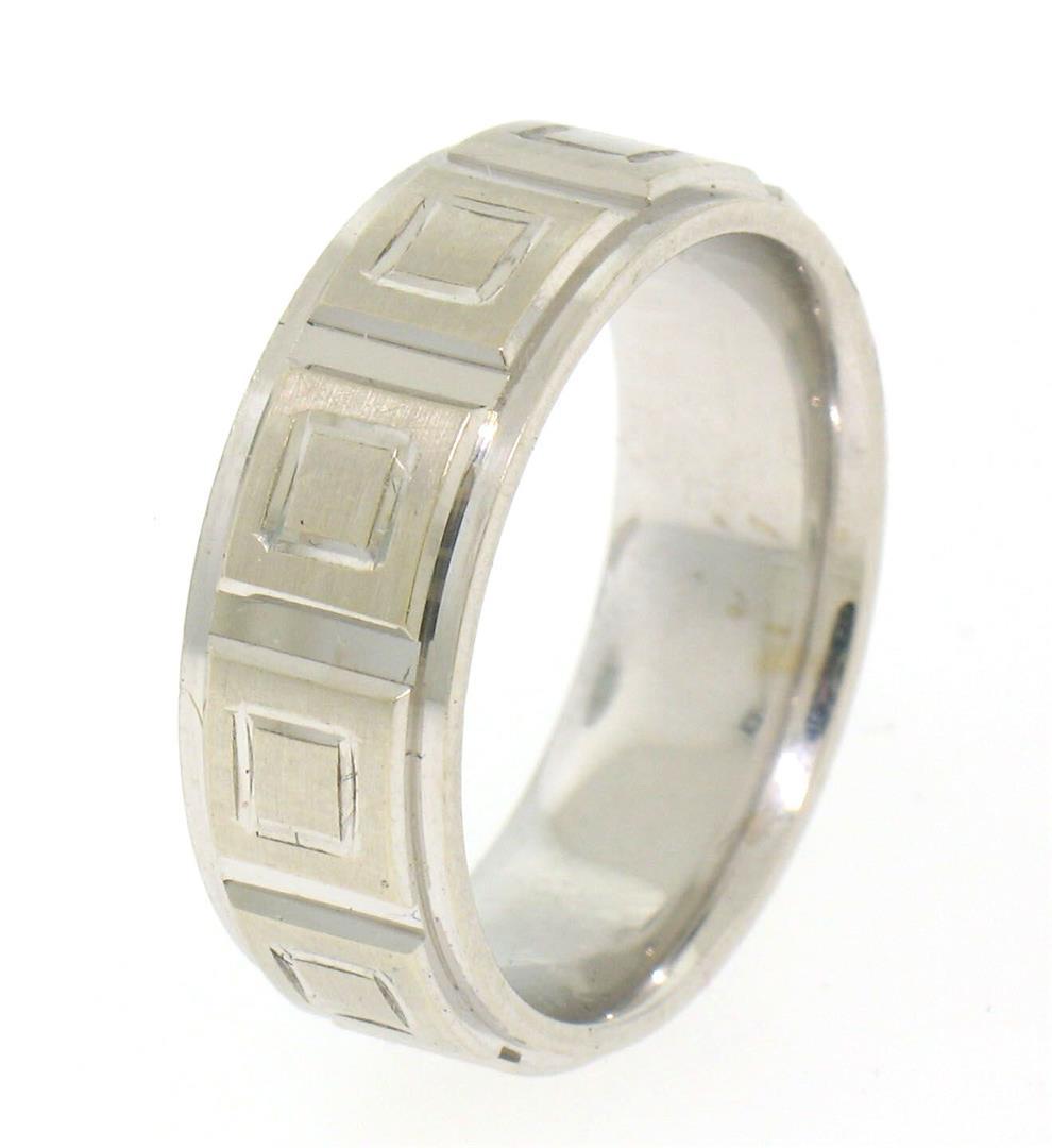 Men's 14k Solid White Gold Comfort Fit Dual Finish Coffered Band Ring Size 7