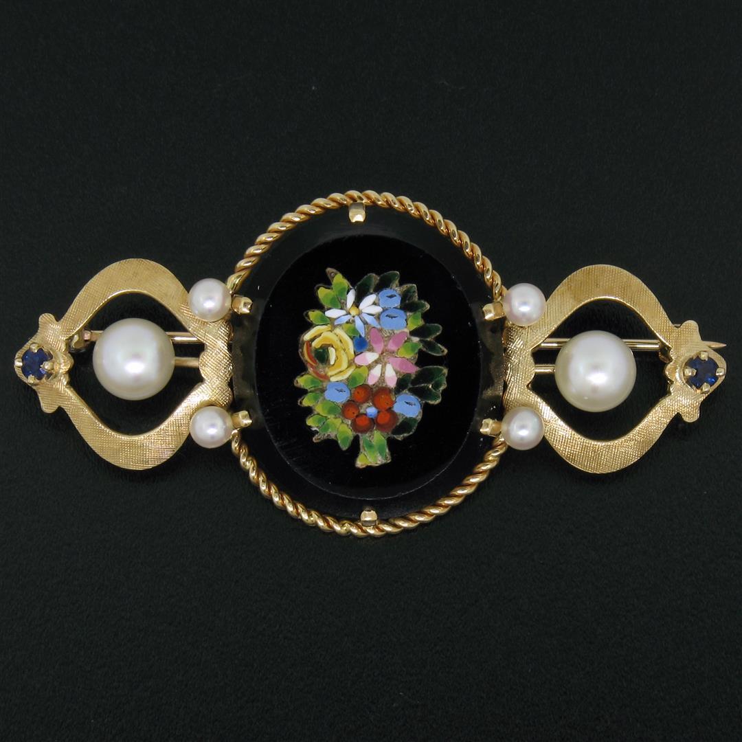 Vintage 14k Yellow Gold Black Onyx Floral Mosaic Sapphire and Pearl Brooch Pin